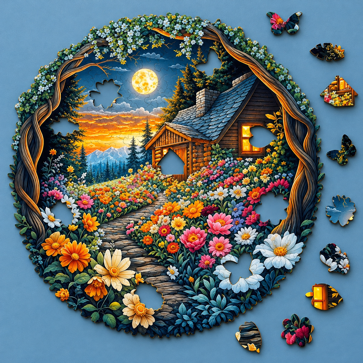 Moonlit Wildflower Cottage Wooden Jigsaw Puzzle – Forest Cabin & Garden Art