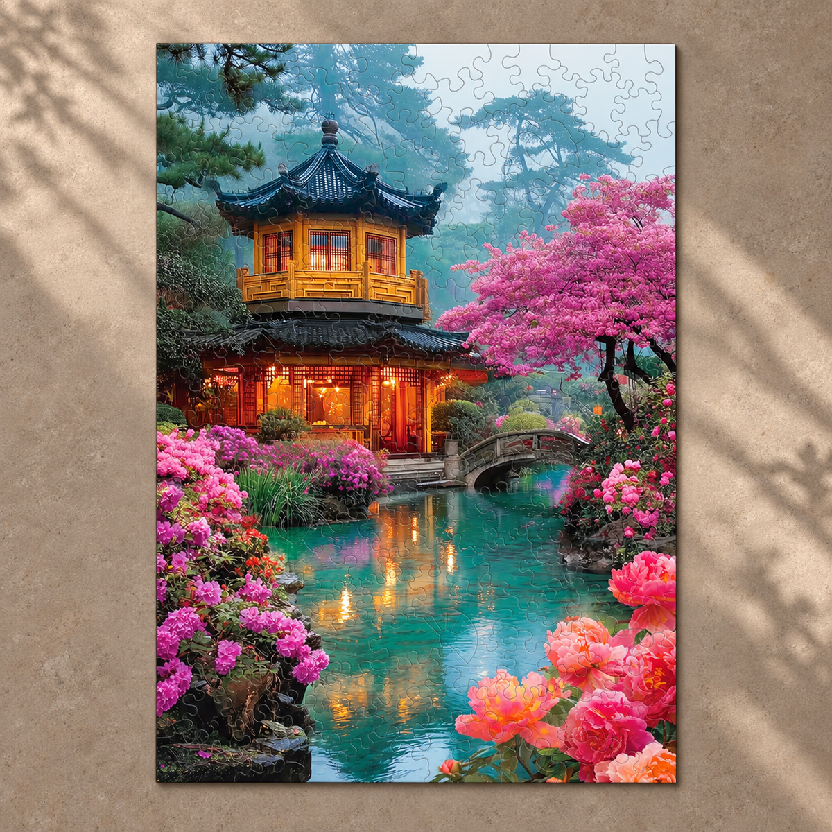 Blossom Stream Retreat Wooden Jigsaw Puzzle – Lantern Pavilion & Garden Bridge
