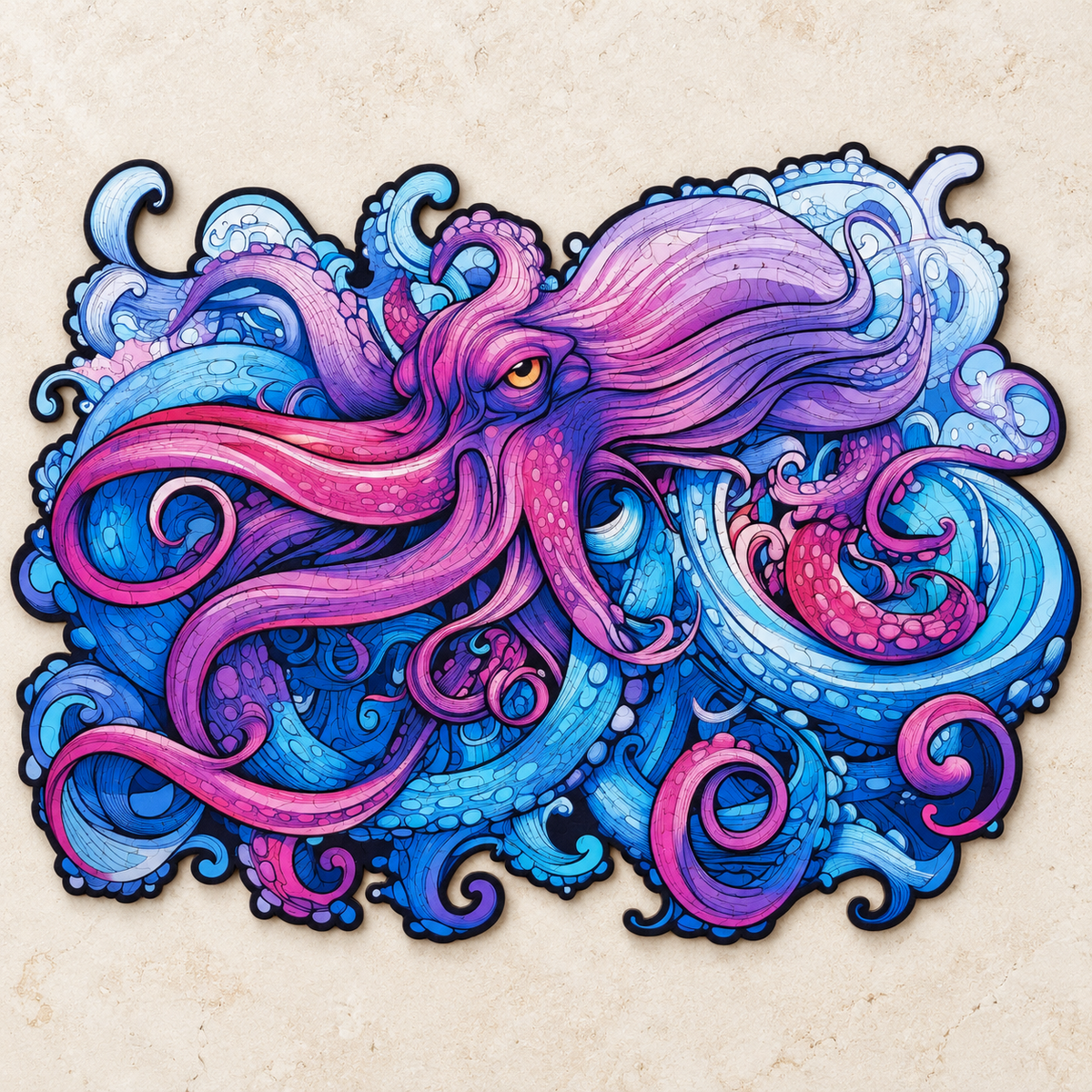 Violet Tides Wooden Jigsaw Puzzle – Octopus & Ocean Wave Art