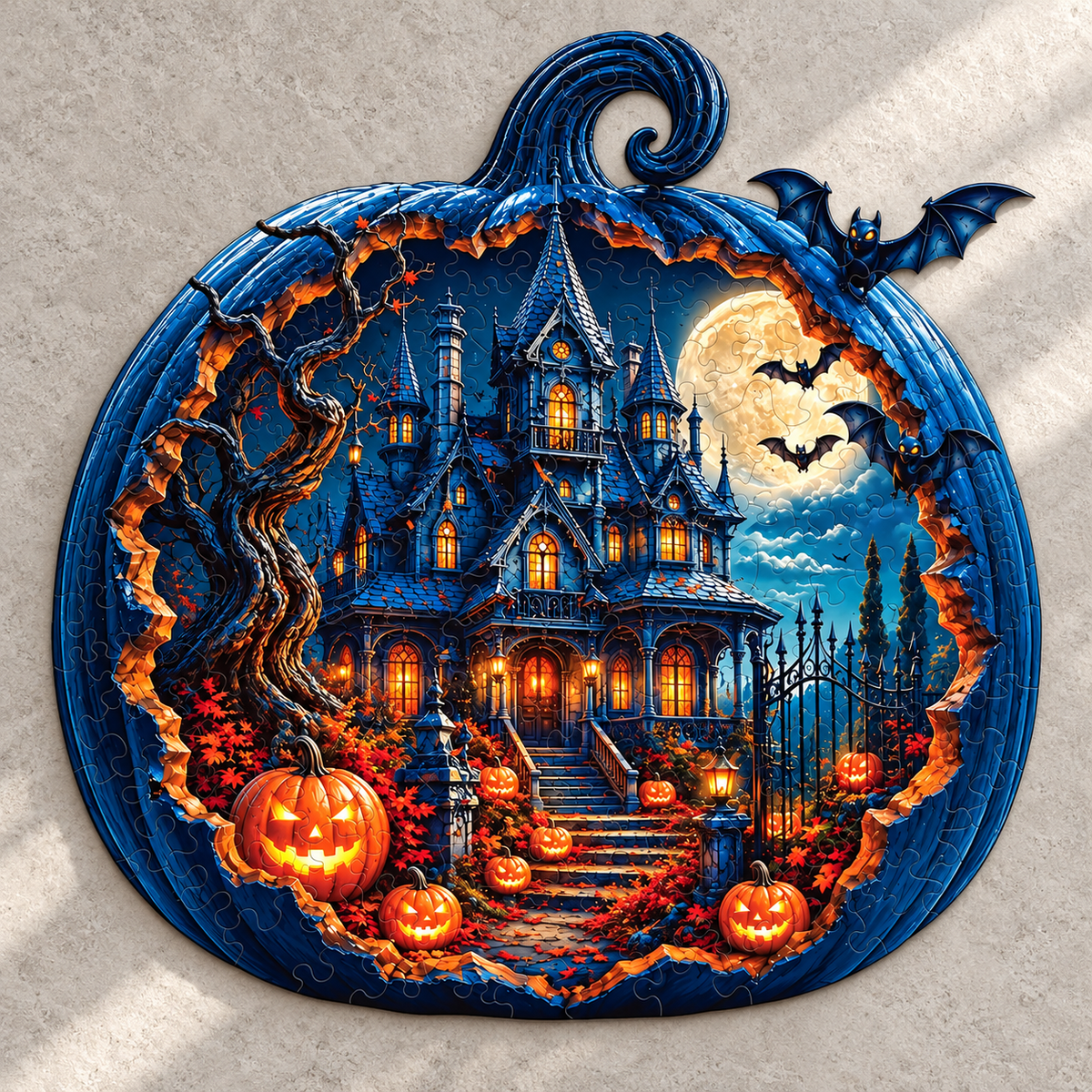 Haunted Harvest Manor Wooden Jigsaw Puzzle – Moonlit Halloween Scene