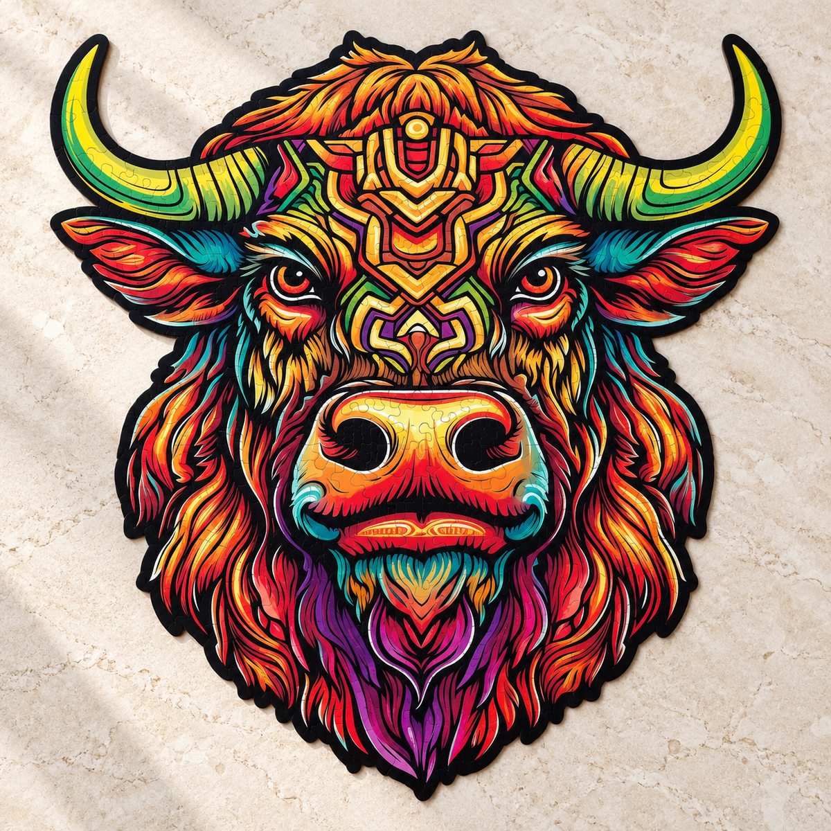 Blazing Spirit Bull Wooden Jigsaw Puzzle – Vibrant Animal Portrait