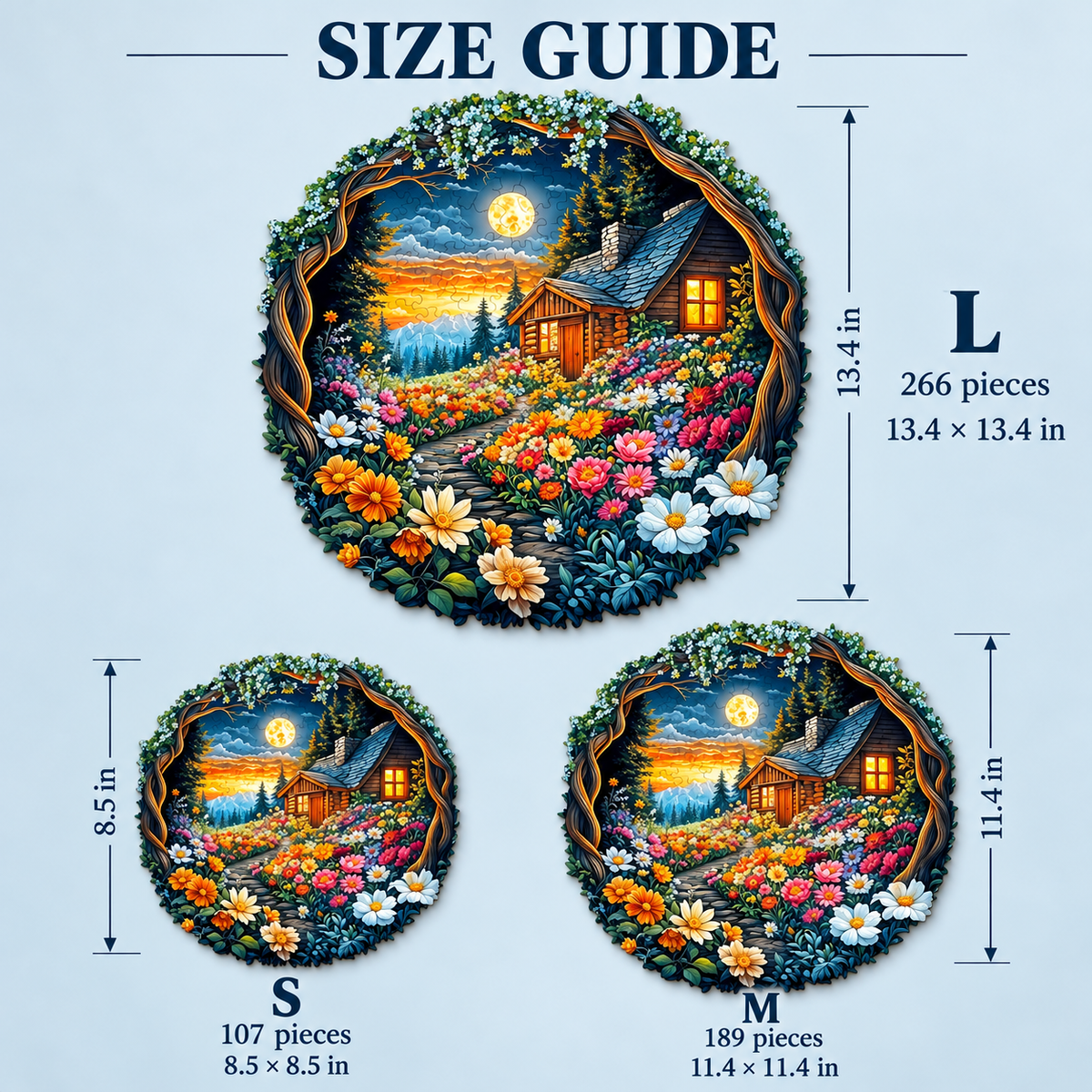 Moonlit Wildflower Cottage Wooden Jigsaw Puzzle – Forest Cabin & Garden Art