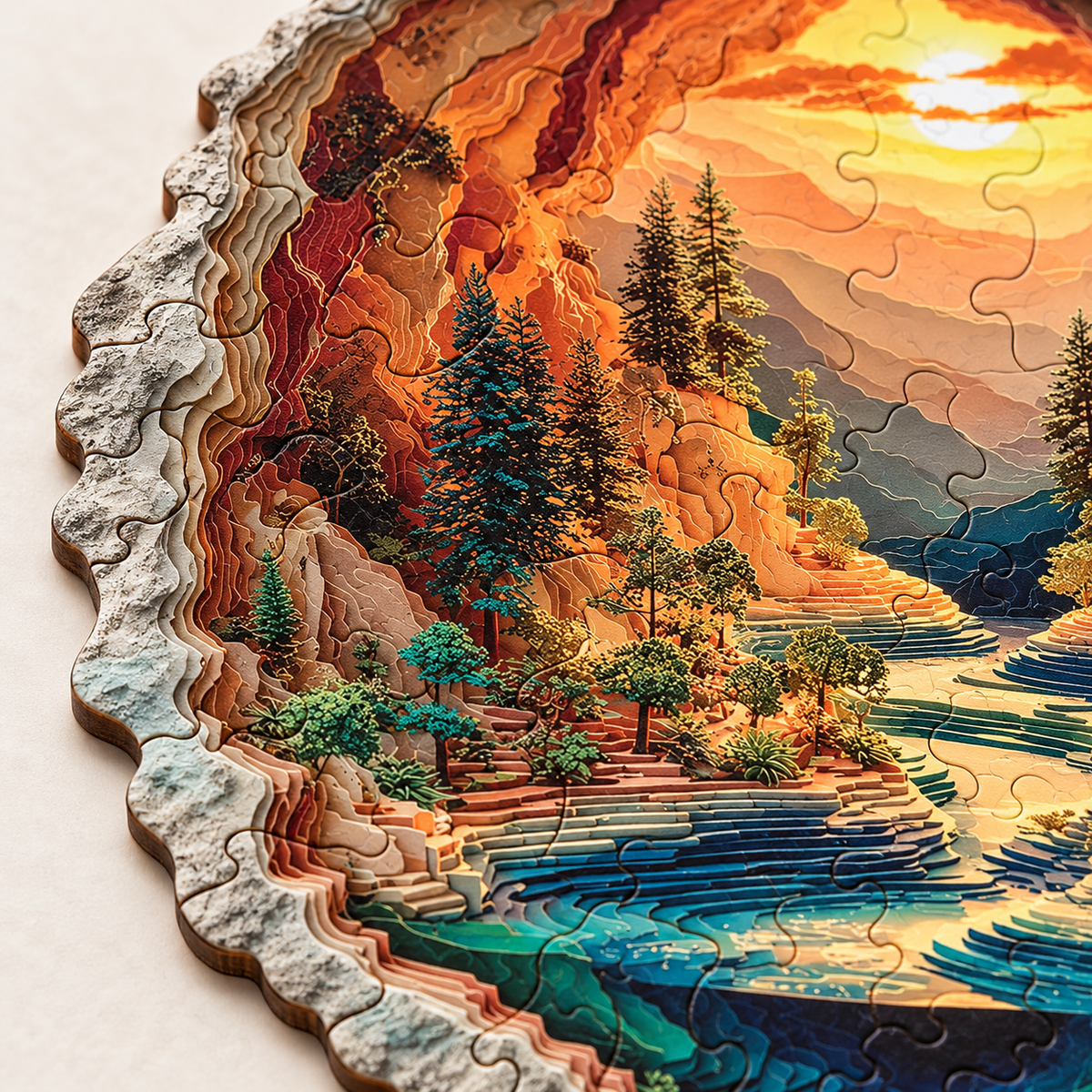 Golden Canyon Retreat Wooden Jigsaw Puzzle – Sunset Valley & River Landscape