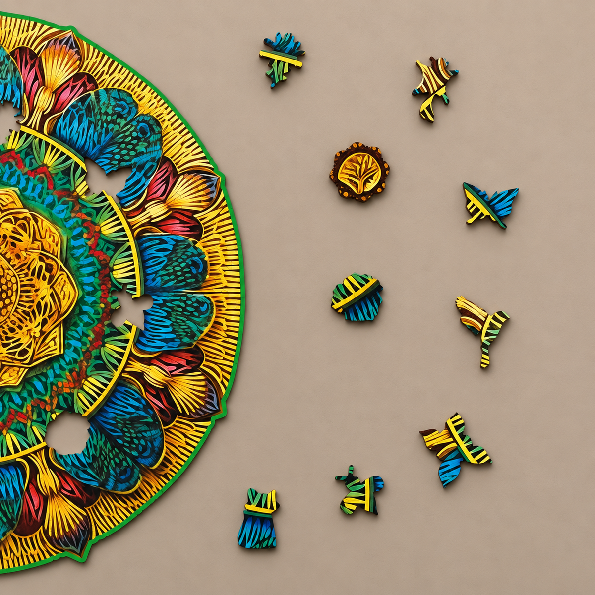 Golden Bloom Mandala Wooden Jigsaw Puzzle – Teal Feather & Floral Pattern