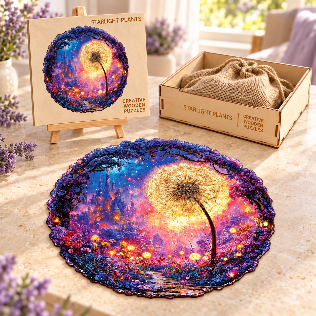 Golden Wish Garden Wooden Jigsaw Puzzle – Glowing Dandelion & Enchanted Castle Art