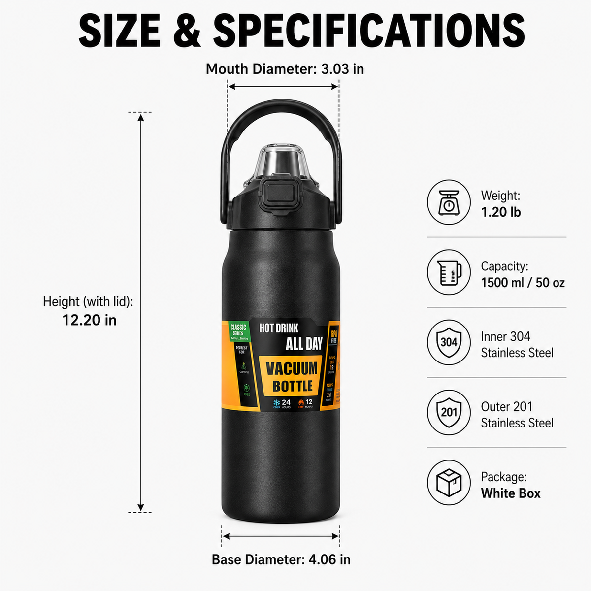 Custom 1500ml Stainless Steel Bottle With Dual Lid