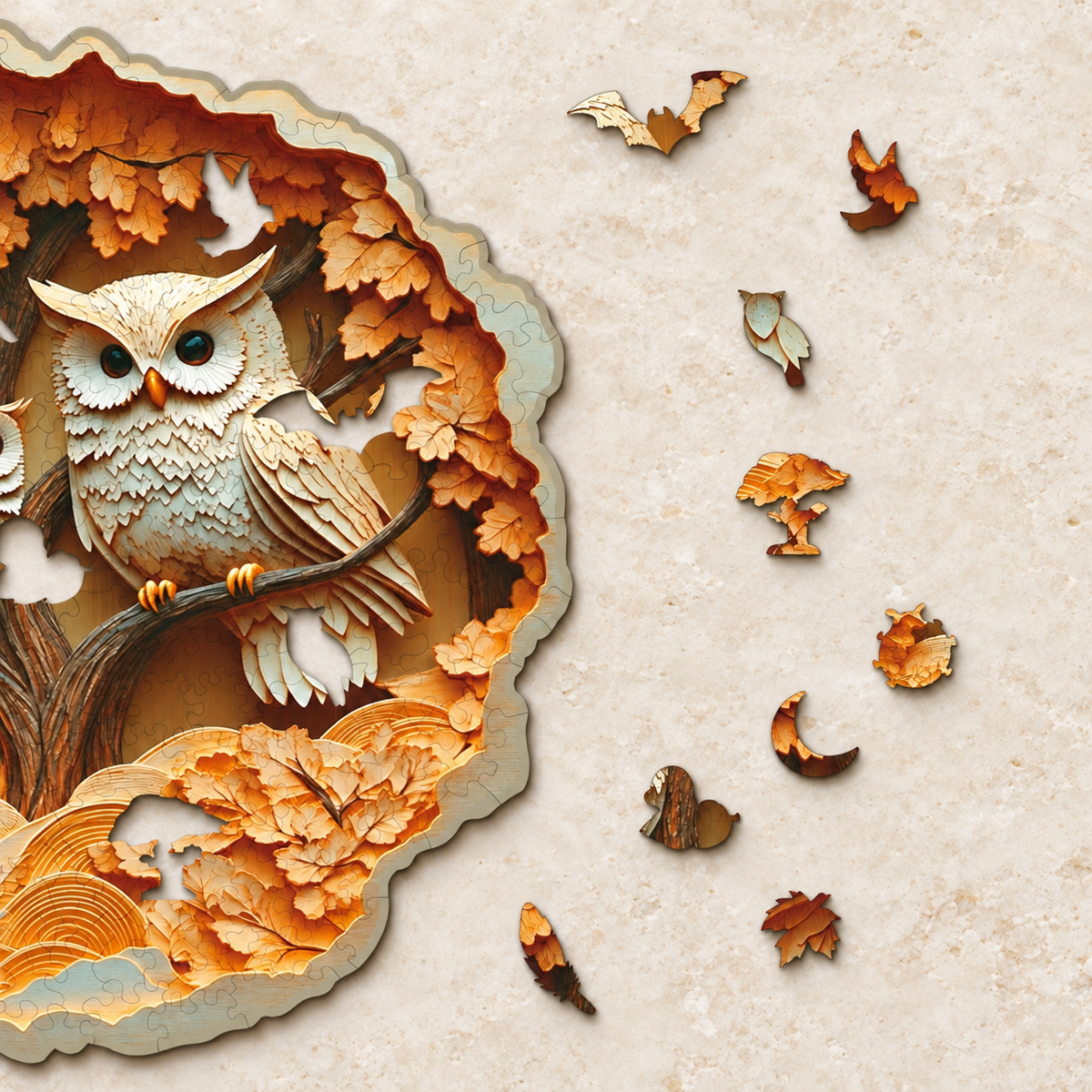 Autumn Owl Companions Wooden Jigsaw Puzzle – Parent & Owlet Woodland Art