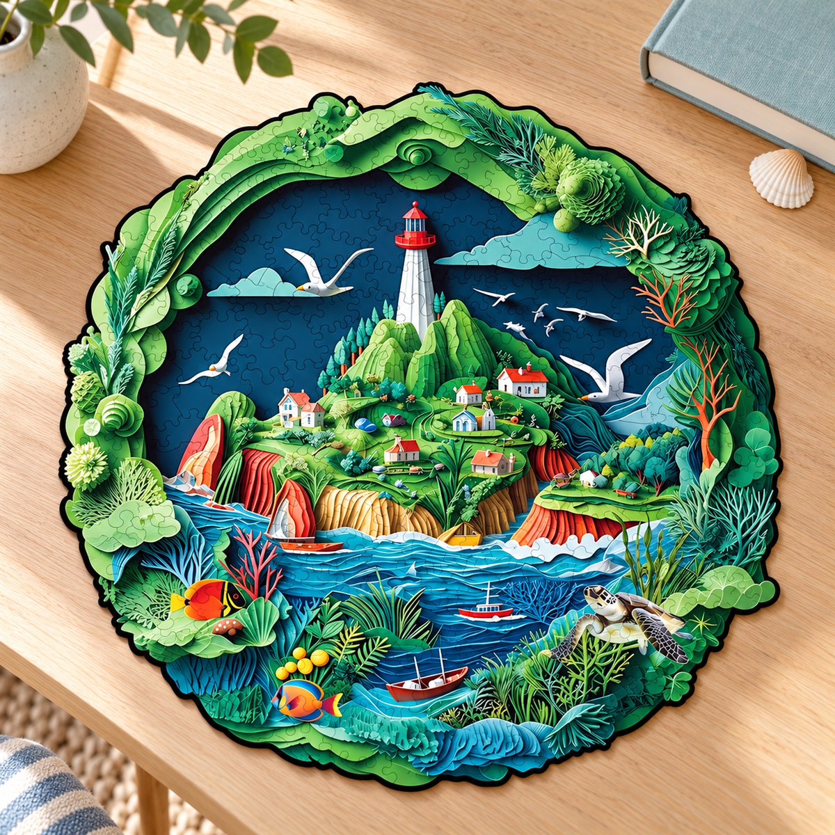 Lighthouse Cove Wooden Jigsaw Puzzle – Coastal Village & Ocean Wildlife