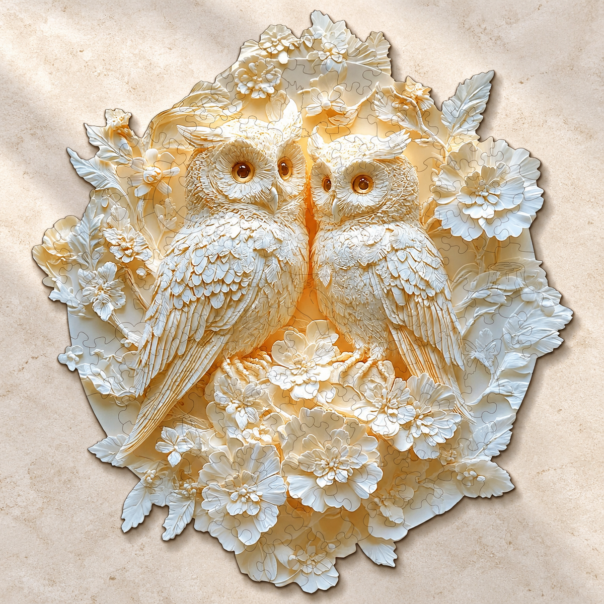 Ivory Blossom Owl Pair Wooden Jigsaw Puzzle – Floral Woodland Art