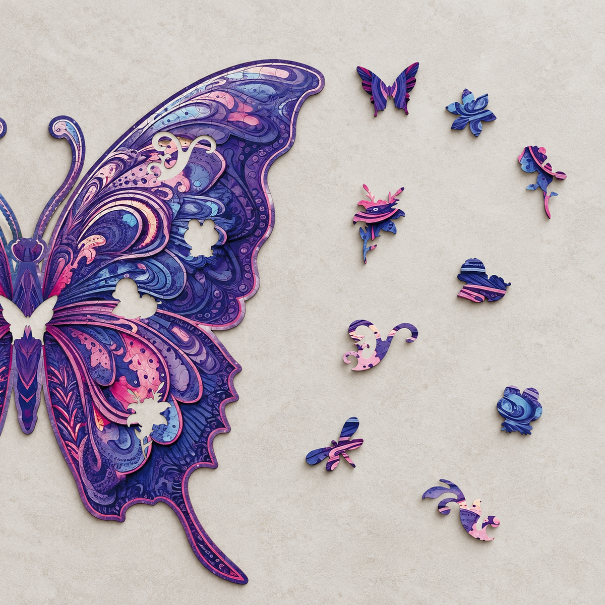Violet Reverie Wooden Jigsaw Puzzle – Ornate Butterfly & Paisley Wing Art