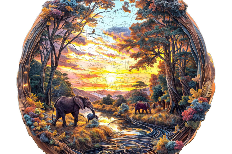 Puinen palapeli-elefantti auringonlaskun aikaan 66d3d0afeb544